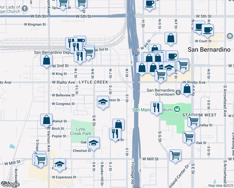 map of restaurants, bars, coffee shops, grocery stores, and more near 965 West Belleview Street in San Bernardino