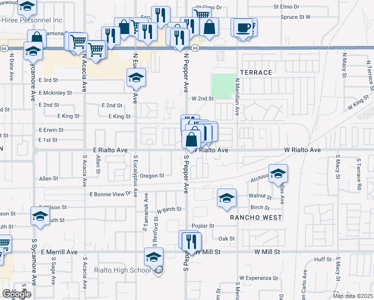 map of restaurants, bars, coffee shops, grocery stores, and more near W Rialto Ave & N Pepper Ave in Rialto