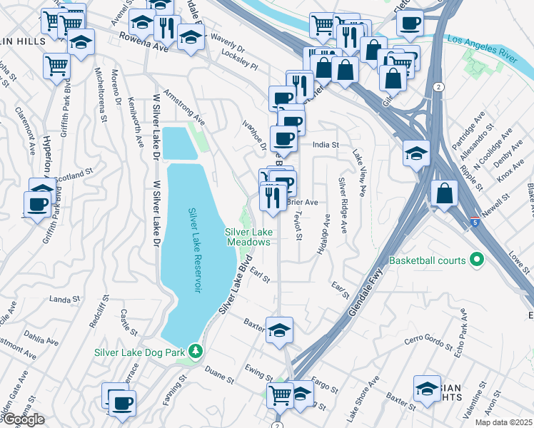 map of restaurants, bars, coffee shops, grocery stores, and more near 2376 Edgewater Terrace in Los Angeles