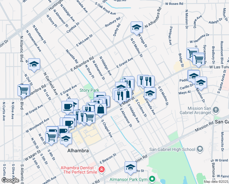 map of restaurants, bars, coffee shops, grocery stores, and more near 118 North Almansor Street in Alhambra