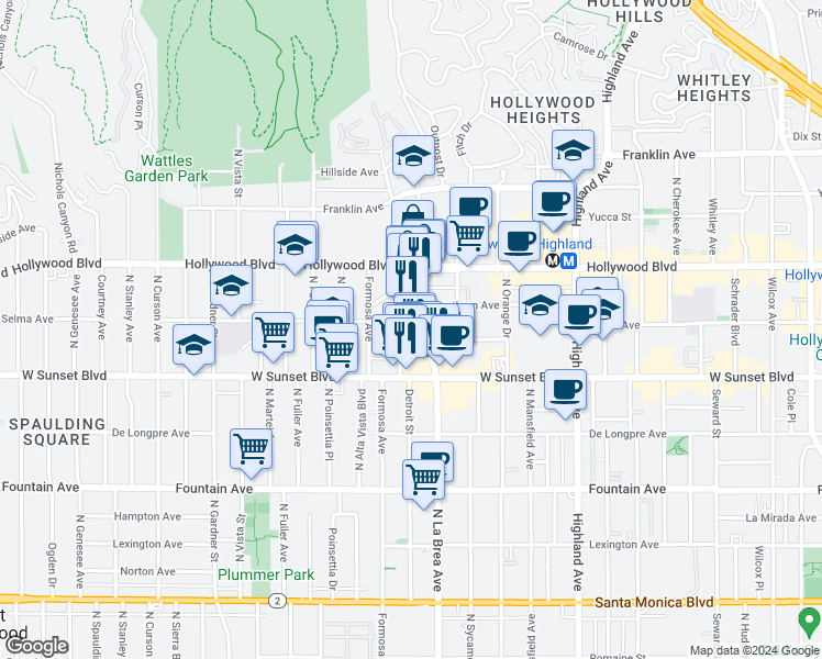 map of restaurants, bars, coffee shops, grocery stores, and more near 7114 Hawthorn Avenue in Los Angeles