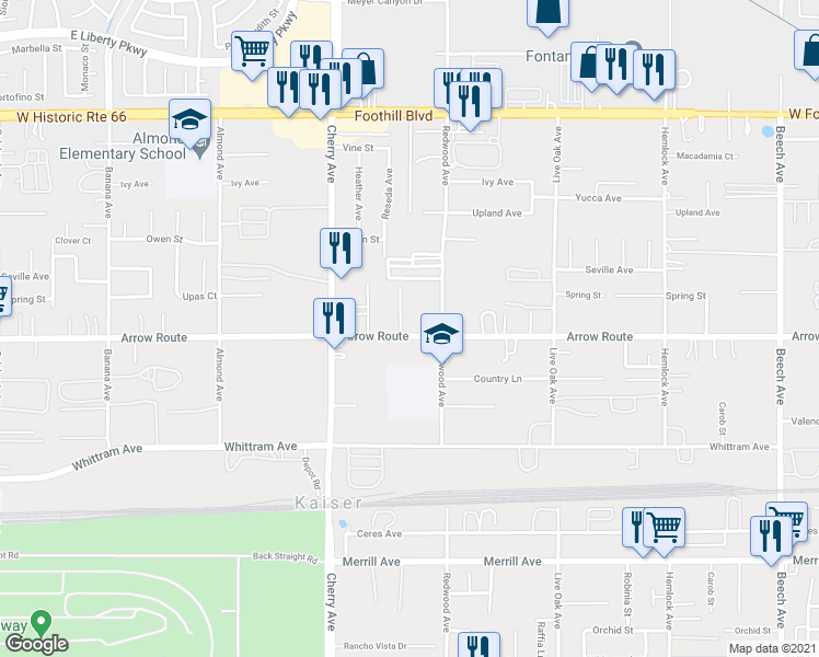 map of restaurants, bars, coffee shops, grocery stores, and more near 8497 Reseda Avenue in Fontana
