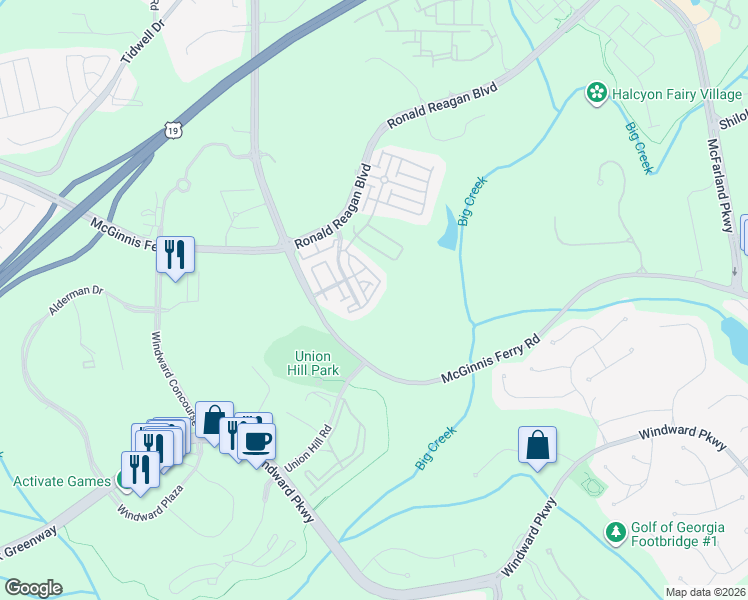 map of restaurants, bars, coffee shops, grocery stores, and more near 7320 Jamestown Drive in Alpharetta