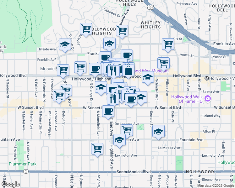 map of restaurants, bars, coffee shops, grocery stores, and more near 6760 Selma Avenue in Los Angeles
