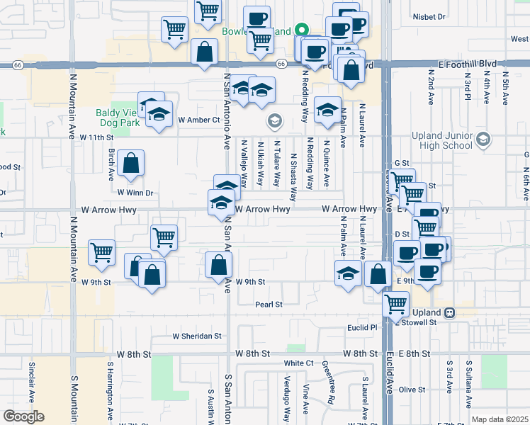 map of restaurants, bars, coffee shops, grocery stores, and more near 628 West Arrow Highway in Upland