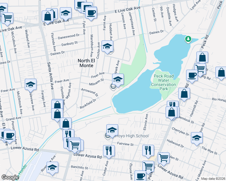 map of restaurants, bars, coffee shops, grocery stores, and more near 5150 Farna Avenue in Arcadia