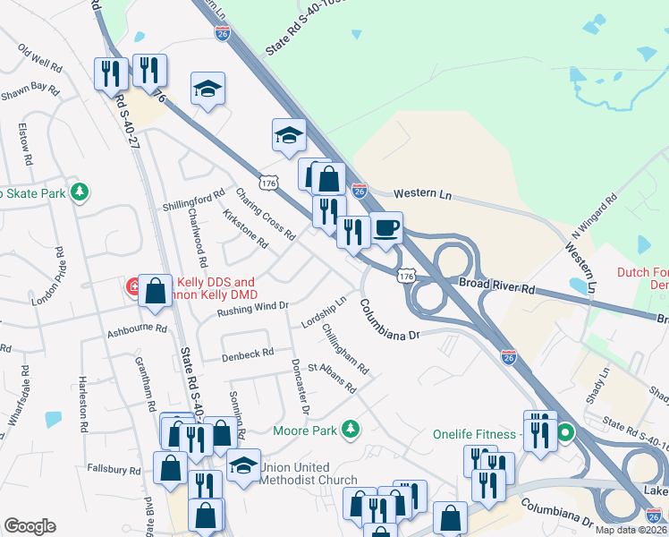 map of restaurants, bars, coffee shops, grocery stores, and more near 537 State Road S-40-2602 in Irmo