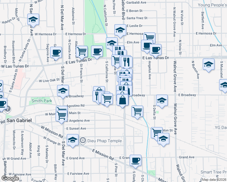 map of restaurants, bars, coffee shops, grocery stores, and more near 255 South Pine Street in San Gabriel