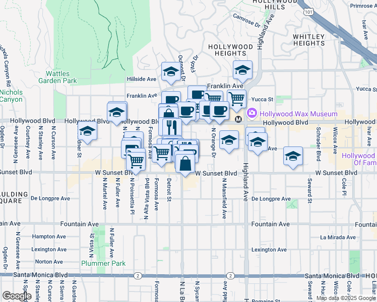 map of restaurants, bars, coffee shops, grocery stores, and more near 7075 Lanewood Avenue in Los Angeles