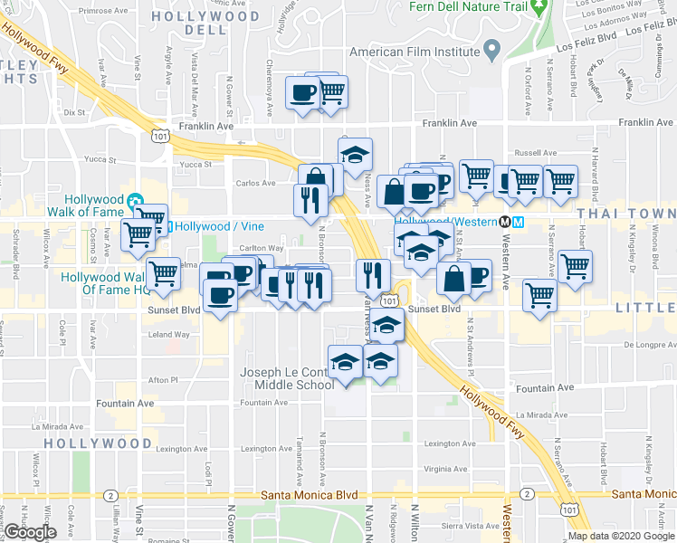 map of restaurants, bars, coffee shops, grocery stores, and more near 5841 Harold Way in Los Angeles