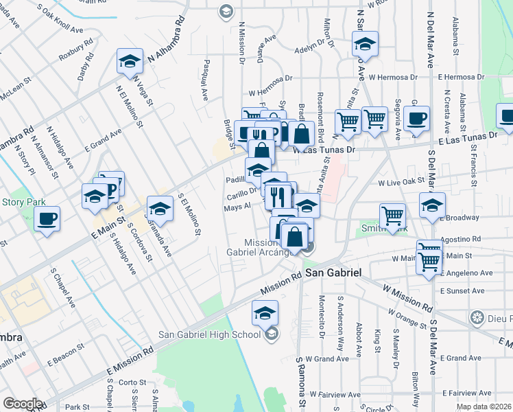 map of restaurants, bars, coffee shops, grocery stores, and more near 240 San Marcos Street in San Gabriel