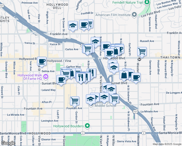 map of restaurants, bars, coffee shops, grocery stores, and more near 5851 Harold Way in Los Angeles