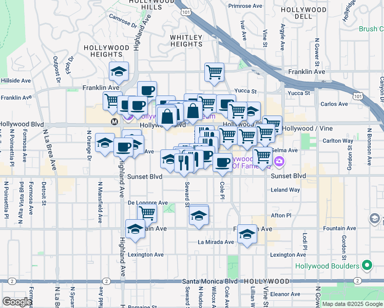 map of restaurants, bars, coffee shops, grocery stores, and more near 1550 Cassil Place in Los Angeles