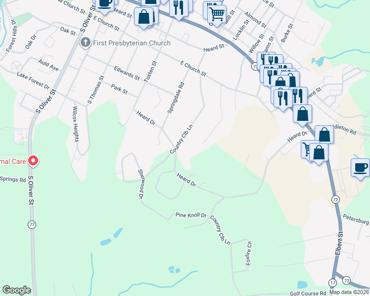map of restaurants, bars, coffee shops, grocery stores, and more near 181 Brookside Drive in Elberton