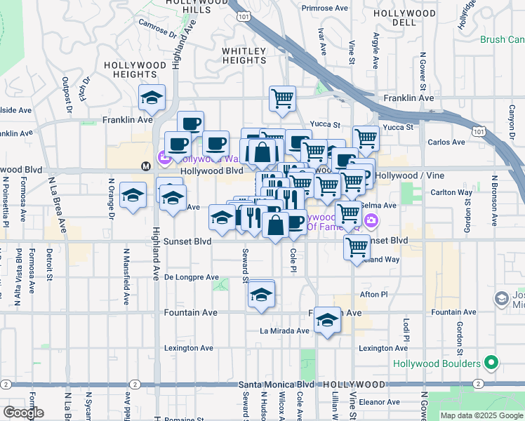 map of restaurants, bars, coffee shops, grocery stores, and more near 1552 Schrader Boulevard in Los Angeles