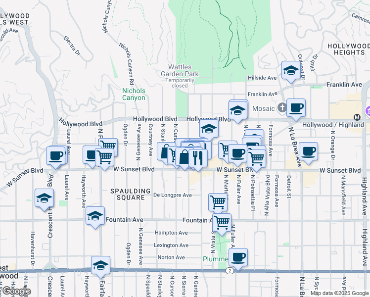map of restaurants, bars, coffee shops, grocery stores, and more near 1547 North Sierra Bonita Avenue in Los Angeles