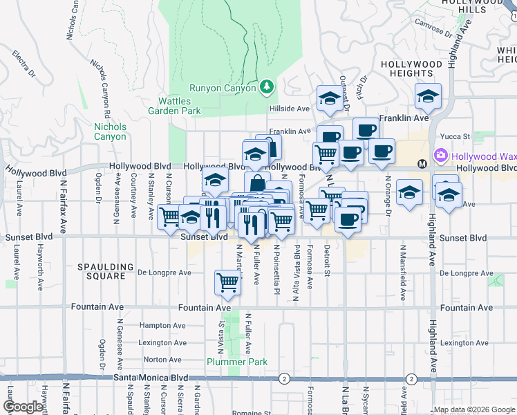 map of restaurants, bars, coffee shops, grocery stores, and more near 7320 Hawthorn Avenue in Los Angeles