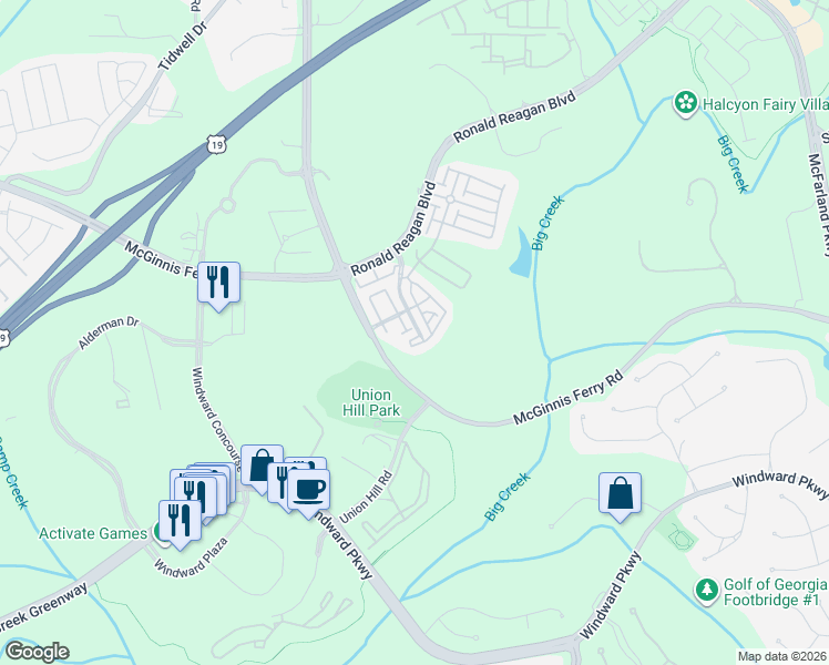 map of restaurants, bars, coffee shops, grocery stores, and more near 7875 Crown Point Drive in Alpharetta