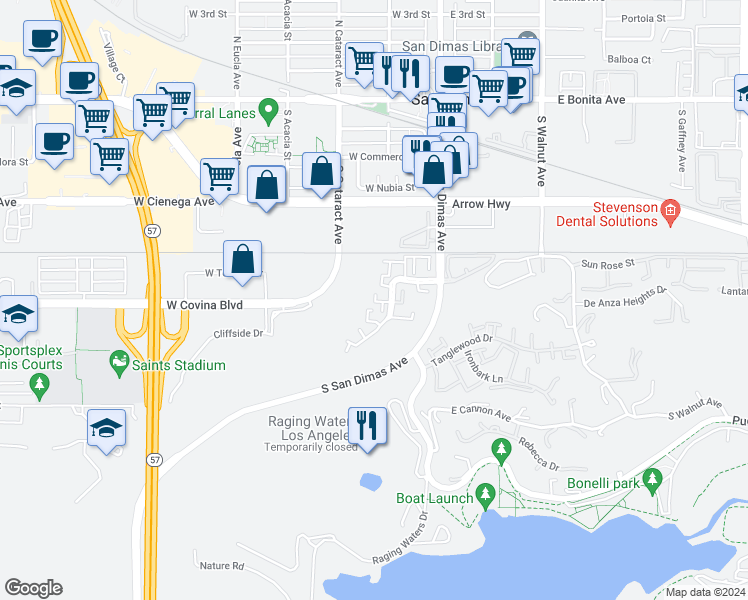 map of restaurants, bars, coffee shops, grocery stores, and more near 310 San Simeon Road in San Dimas
