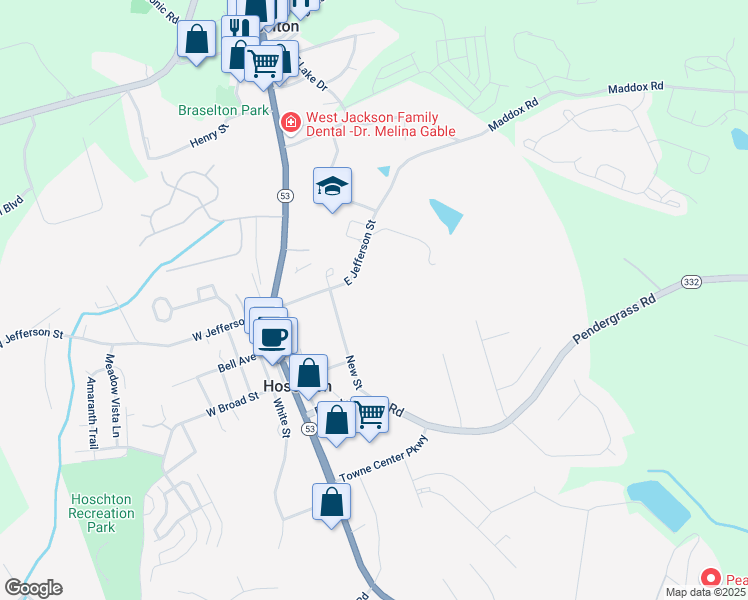map of restaurants, bars, coffee shops, grocery stores, and more near 246 East Jefferson Street in Hoschton
