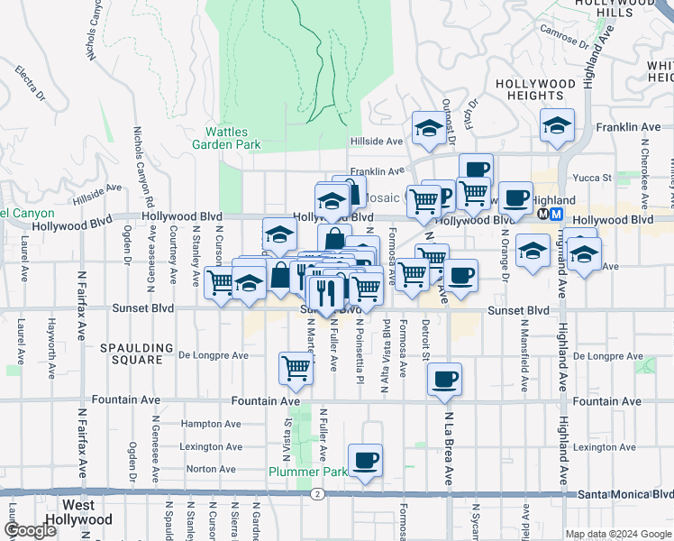 map of restaurants, bars, coffee shops, grocery stores, and more near 7320 Hawthorn Avenue in Los Angeles