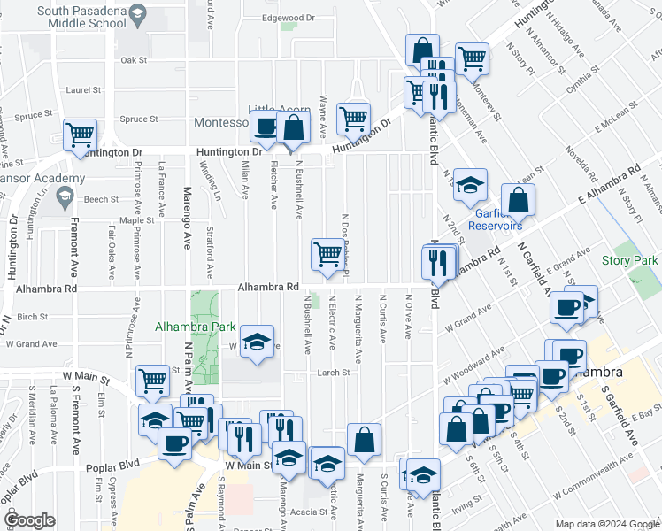 map of restaurants, bars, coffee shops, grocery stores, and more near 624 North Electric Avenue in Alhambra