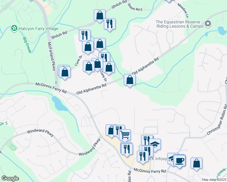 map of restaurants, bars, coffee shops, grocery stores, and more near 1220 Old Alpharetta Road in Alpharetta