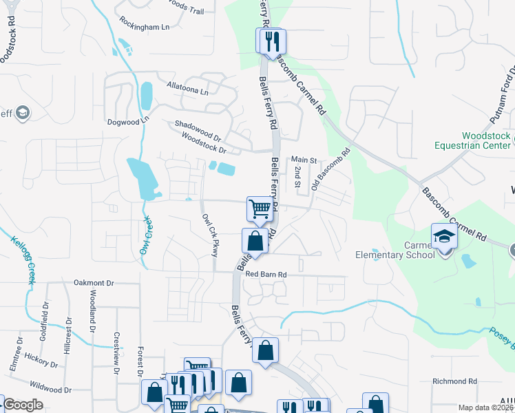 map of restaurants, bars, coffee shops, grocery stores, and more near 1000 Etowah Ferry Drive in Acworth