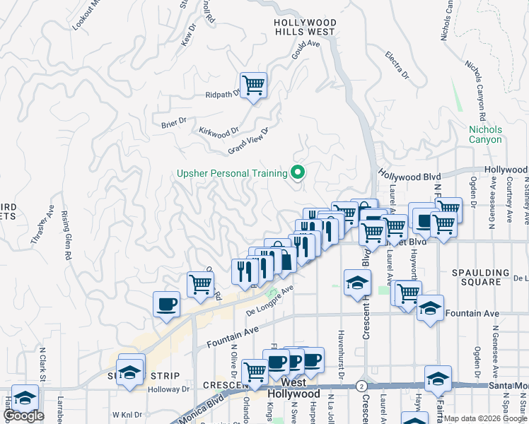 map of restaurants, bars, coffee shops, grocery stores, and more near 8356 Sunset View Drive in Los Angeles