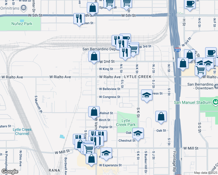 map of restaurants, bars, coffee shops, grocery stores, and more near 1232 W Belleview St in San Bernardino