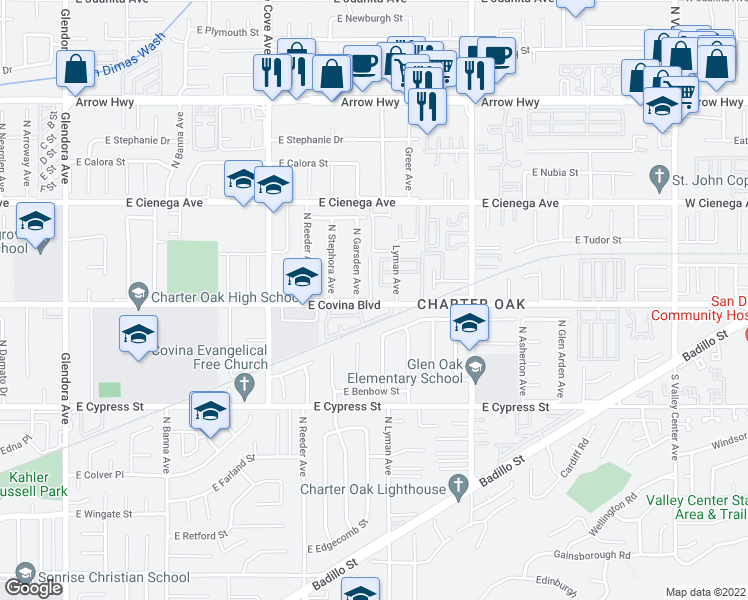 map of restaurants, bars, coffee shops, grocery stores, and more near 1100 North Charter Drive in Covina