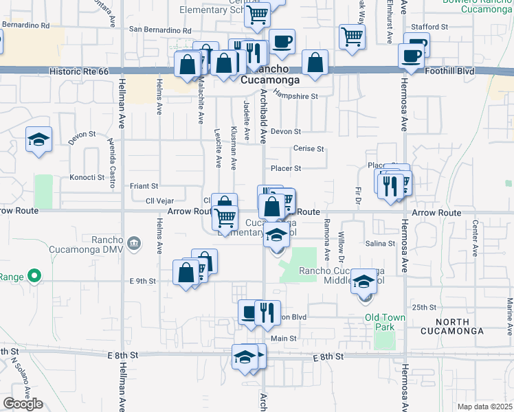 map of restaurants, bars, coffee shops, grocery stores, and more near 9680 Arrow Route in Rancho Cucamonga