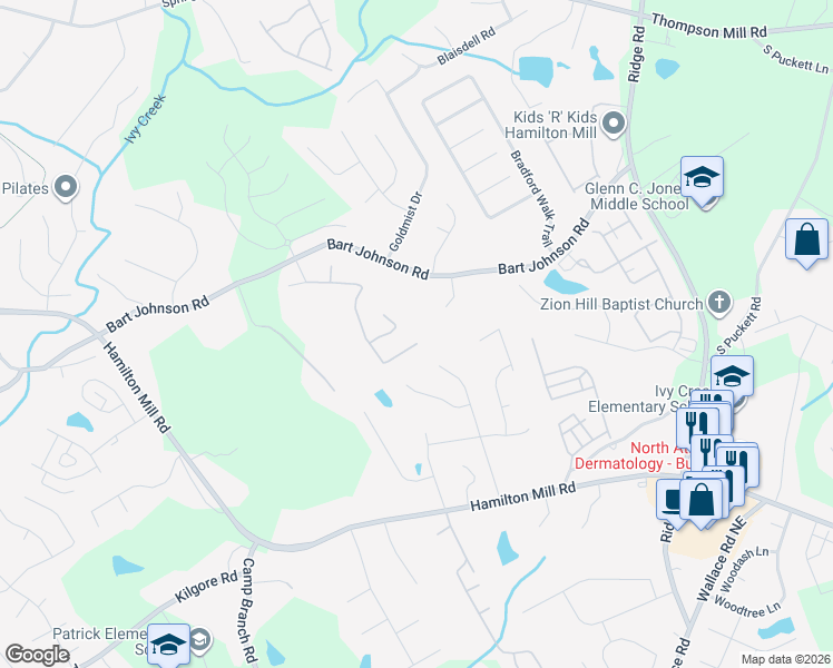map of restaurants, bars, coffee shops, grocery stores, and more near 3501 Bogan Mill Road Northeast in Buford