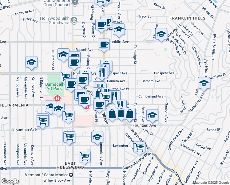 map of restaurants, bars, coffee shops, grocery stores, and more near 1547 North Commonwealth Avenue in Los Angeles