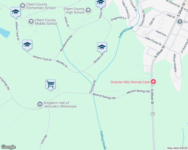 map of restaurants, bars, coffee shops, grocery stores, and more near 750 Fleming Road in Elberton