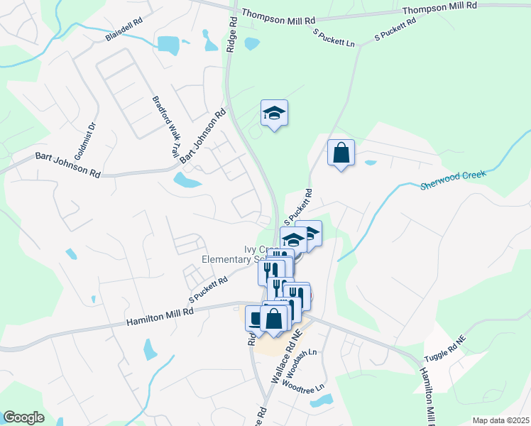 map of restaurants, bars, coffee shops, grocery stores, and more near 3301 Lindenridge Drive in Buford