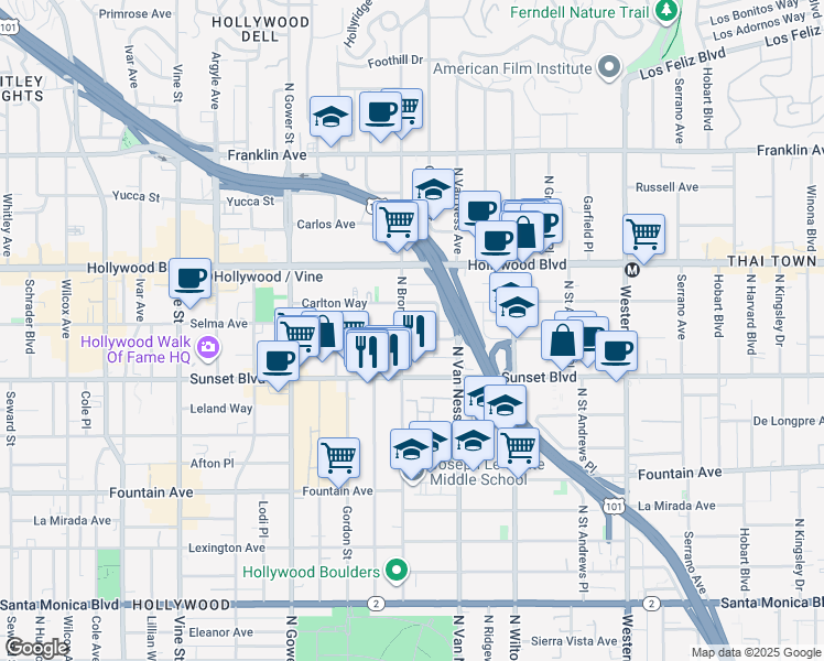 map of restaurants, bars, coffee shops, grocery stores, and more near 5831 Harold Way in Los Angeles