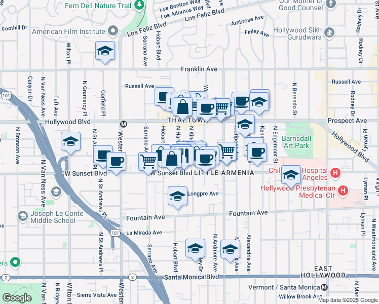 map of restaurants, bars, coffee shops, grocery stores, and more near 1551 North Kingsley Drive in Los Angeles