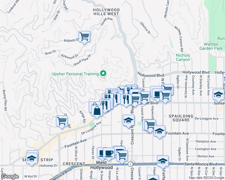 map of restaurants, bars, coffee shops, grocery stores, and more near 8277 Hollywood Boulevard in Los Angeles