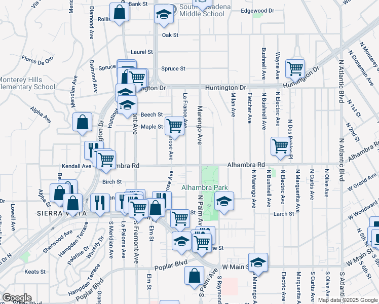 map of restaurants, bars, coffee shops, grocery stores, and more near 2048 La France Avenue in South Pasadena