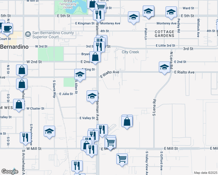 map of restaurants, bars, coffee shops, grocery stores, and more near 380 San Felipe Road in San Bernardino
