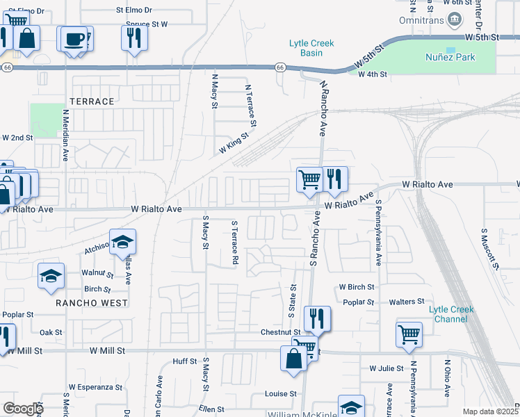 map of restaurants, bars, coffee shops, grocery stores, and more near 2640 West Rialto Avenue in San Bernardino