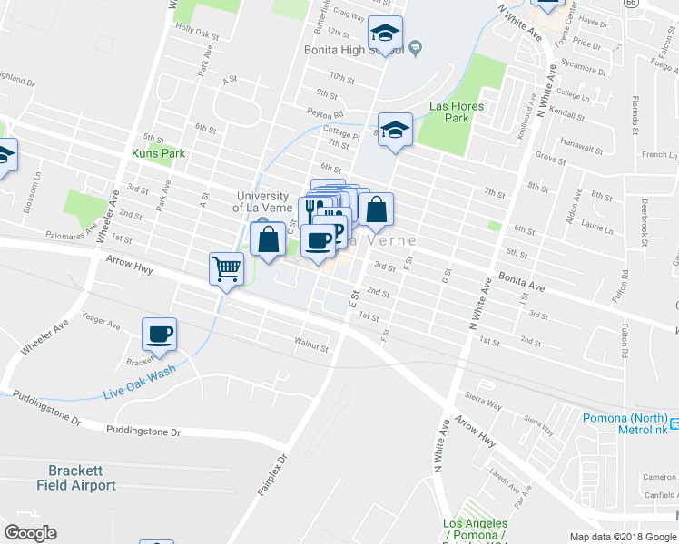 map of restaurants, bars, coffee shops, grocery stores, and more near 2141 2nd Street in La Verne