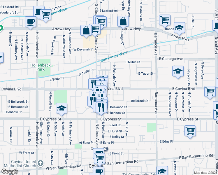 map of restaurants, bars, coffee shops, grocery stores, and more near Cardinal Way in Covina