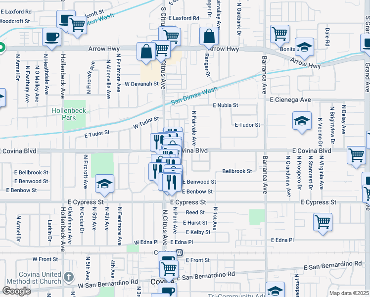 map of restaurants, bars, coffee shops, grocery stores, and more near 1105 North Fairvale Avenue in Covina