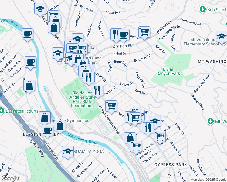 map of restaurants, bars, coffee shops, grocery stores, and more near 2916 Future Street in Los Angeles