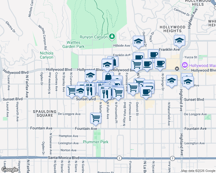 map of restaurants, bars, coffee shops, grocery stores, and more near 7320 Hawthorn Avenue in Los Angeles