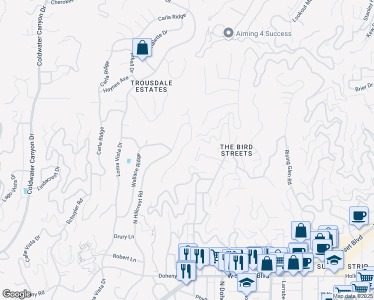 map of restaurants, bars, coffee shops, grocery stores, and more near 1151 North Hillcrest Road in Beverly Hills