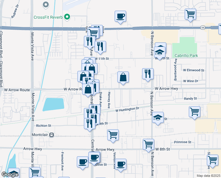 map of restaurants, bars, coffee shops, grocery stores, and more near 1870 West Arrow Route in Upland