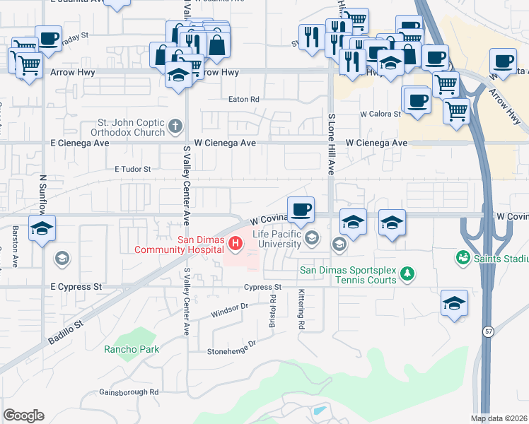 map of restaurants, bars, coffee shops, grocery stores, and more near 1242 Stratford Lane in San Dimas